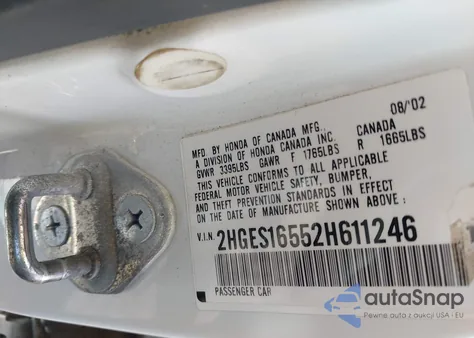 2002 Honda Civic Lx из США, поврежденный, VIN 2HGES16552H611246